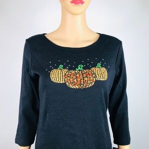 Womens Sweater Pumpkins Black Embellished Top K#08